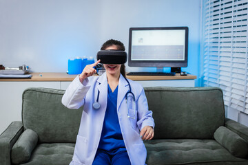 Smiling doctor wearing virtual reality headset explores immersive medical simulation, raising hands during interactive digital healthcare training, showcasing innovative technology, futuristic