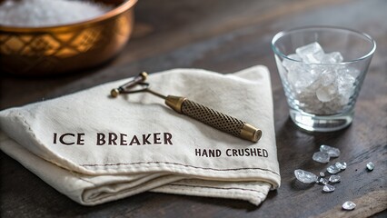 Vintage brass ice breaker tool resting on canvas bag