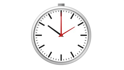 A simple illustration of a round analog wall clock with a white face, a silver rim, and black and red hands