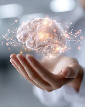 Mind's Embrace: An artistic representation of a luminous brain hovering delicately above an open hand, embodying intellectual capacity and cognitive essence.