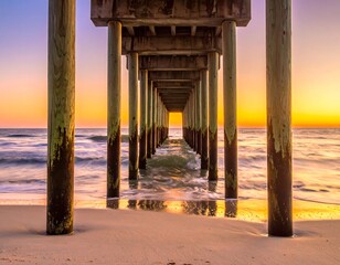 Beneath a wooden structure, the camera's gaze leads towards the ocean's end, painted in the hues of a beautiful sunset