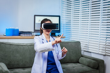 Smiling doctor wearing virtual reality headset explores immersive medical simulation, raising hands during interactive digital healthcare training, showcasing innovative technology, futuristic