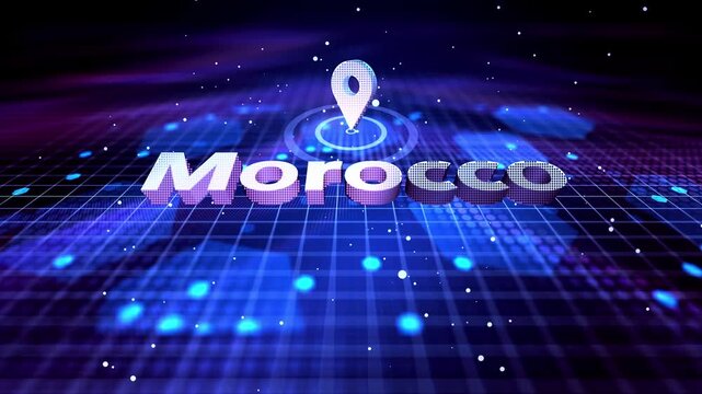 Morocco Location Text Animation on Futuristic Digital Grid Background location, pin, marker, map, country, text