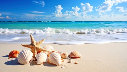 A starfish and seashells rest on a sun-kissed beach, ocean waves gently rolling
