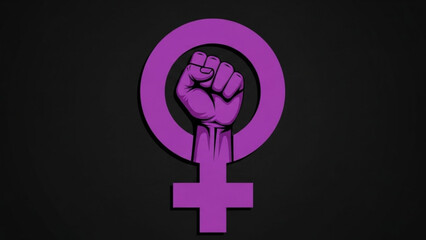 Purple female symbol with raised fist empowerment icon on black