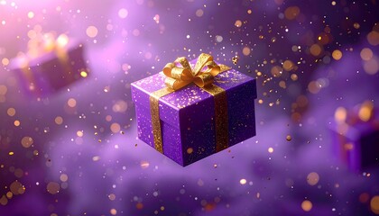 Floating purple gift boxes with golden ribbons and sparkles against a soft, blurred violet background. Warm lighting creates a festive feel