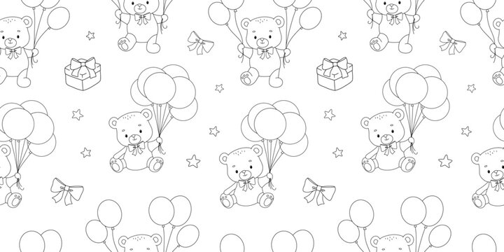 Seamless pattern with cute bear with balloons, hand drawn childish line illustrations isolated on white background