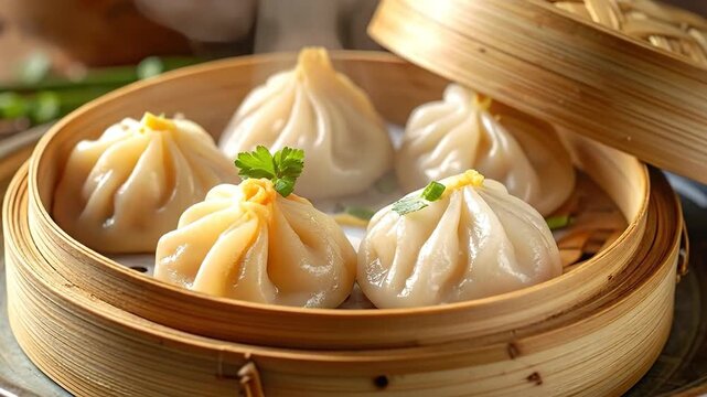 Delicious steamed dumplings served in a traditional bamboo steamer, garnished with fresh parsley.
