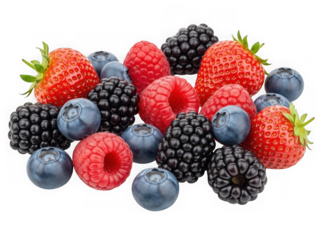 A vibrant pile of fresh mixed berries including strawberries, blueberries, raspberries, and blackberries, isolated on transparent background