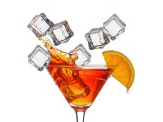 Refreshing orange cocktail splashing with ice cubes falling into martini glass garnished with citrus slice isolated on transparent background