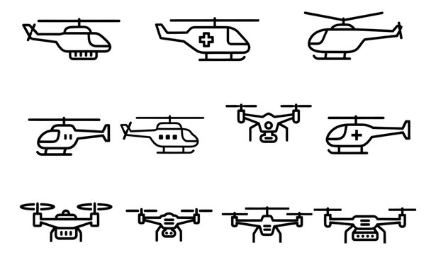Line art aircraft set featuring helicopters and drones for transportation and technology applications