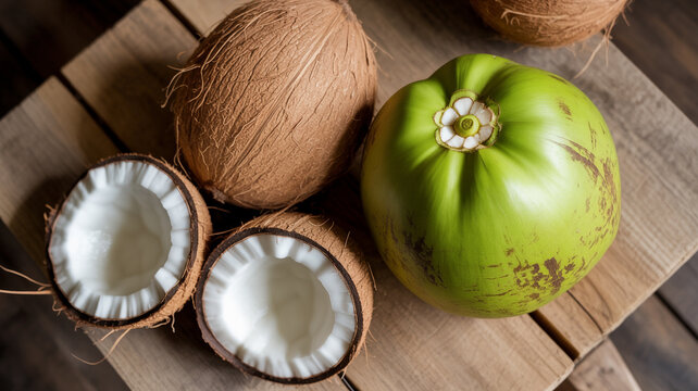 Fresh coconuts mature, cut halves, and young green coconut