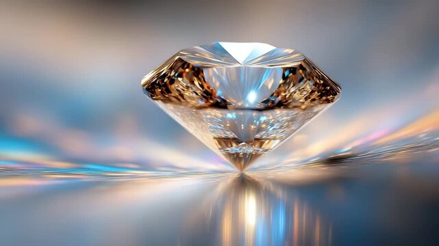 Shiny diamond gemstone fragment floating above reflective crystal surface with luxury colorful blurred background and precious sparkling glowing