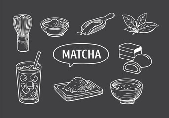 Matcha Green Tea Elements Collection in Chalk Style