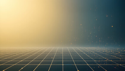 Perspective View Of A Vast Digital Grid Floor Under A Soft Golden Gradient Sky With Floating Particles