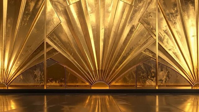 Elegant golden art deco background with radiating fan shapes and reflective floor.
