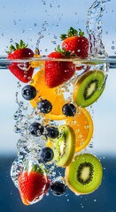 Vibrant assorted fresh fruits create a dynamic splash as they plunge into clear liquid