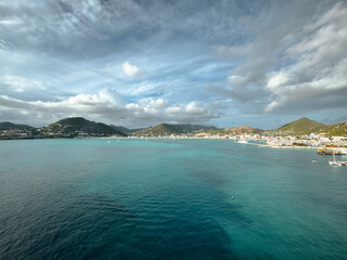 Views along the shores by the cruise ship terminal in St. Maarten, a famous destination for sunbathing, swimming, and plane spotting.
