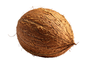Textured close-up shot of a mature coconut, exhibiting its fibrous exterior against a stark black backdrop