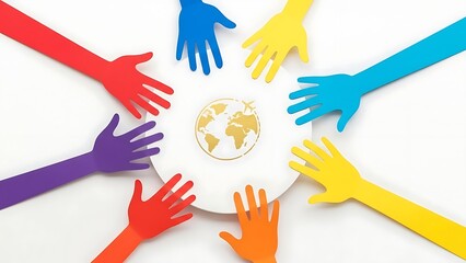 Diverse colorful hands reaching towards globe icon with airplane, world unity and global travel concept
