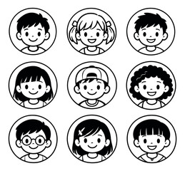 Hand drawn line art children avatars set featuring diverse boys and girls smiling faces for user profiles and educational content