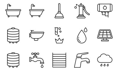 Line art household utility icons set featuring plumbing fixtures, water management, and energy solutions for home and environmental designs