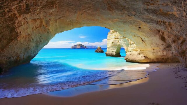 Breathtaking view of a tropical turquoise ocean seen through a natural rock cave archway on a pristine sandy beach shore.