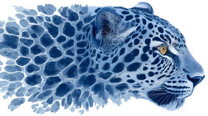 Striking illustration of a majestic blue jaguar portrait dissolving into abstract cellular or honeycomb patterns suggesting motion or transformation against a stark black background