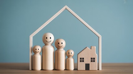 Family security and home insurance concept with wooden figures and house outline on blue background