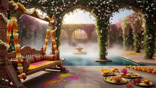 Ornate wooden swing adorned with marigolds in a festive indian garden with pool. Holi Background.