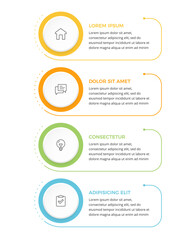 Vertical four step infographic template layout with circular elements, icons and text