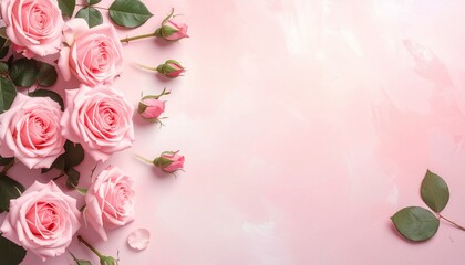 Pink roses and buds arranged along edge, with leaves, on a blush background