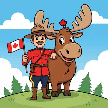 Cartoon Canadian Mountie (RCMP) with Friendly Moose and National Flag Illustration