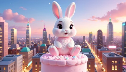 A charming white and pink bunny figurine sits atop a large pink cake, set against a vibrant city skyline at dusk, creating a whimsical and sweet urban scene.