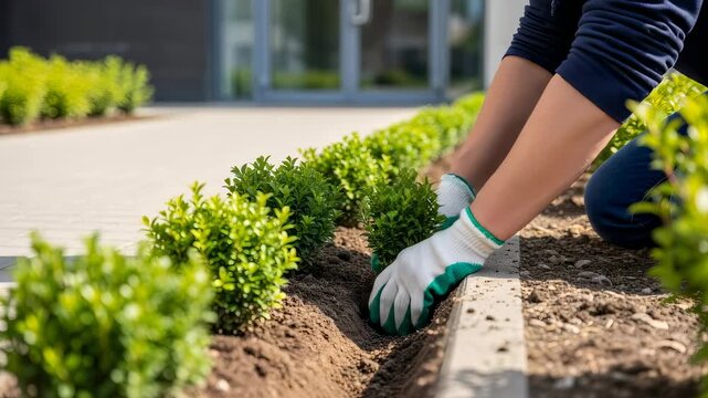 Man in gloves preparing and planting boxwood shrubs in a freshly dug soil bed for landscaping and garden maintenance