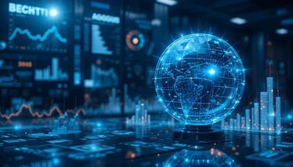 Holographic Blue Earth Globe Centered In A High Tech Room Surrounded By Digital Stock Market Charts
