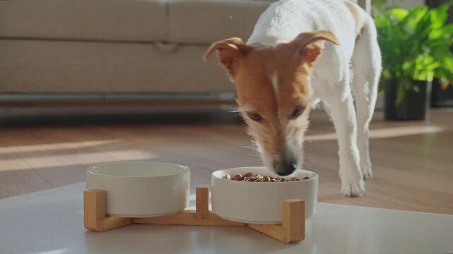 Jack Russell terrier eating dry food from white bowl on floor in home interior. Hungry dog. Concept of pet care and feeding