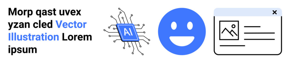 Fototapeta premium Artificial intelligence, digital technology, creative design, user interface, communication, data processing. Vector AI chip, happy face and content window. Artificial intelligence and digital