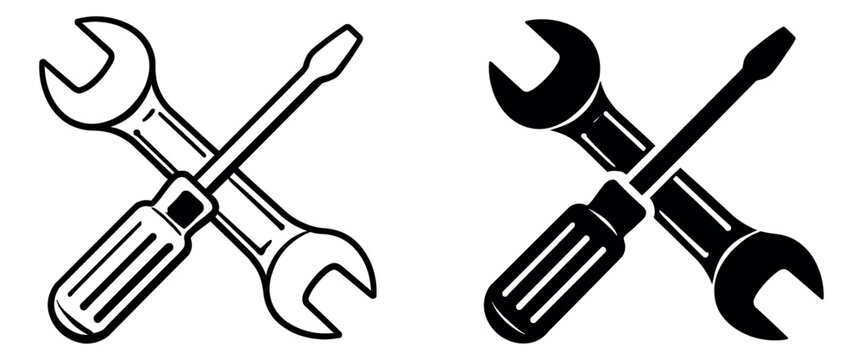 Line art and solid tool icons set featuring a crossed wrench and screwdriver for repair and service concepts