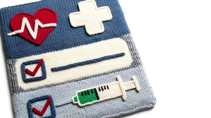 Knitted medical checklist displayed on a clean background with copy space and sharp lighting, modern illustration for diagnostics planning, preventive healthcare, medical services