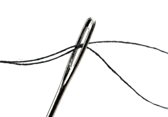 extreme macro detail of a polished silver sewing needle threaded with textured matte black cotton, isolated against a seamless stark white background, concept of meticulous craftsmanship and tailoring