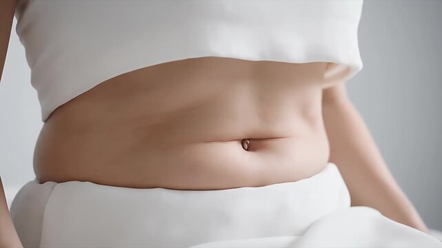 Close Up of Female Torso and Navel Piercing Wearing White Clothing Soft Lighting Studio Shot