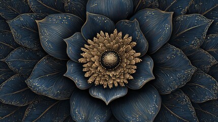 Luxury Dark Blue Flower with Gold Details Macro Illustration