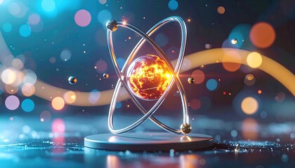 Abstract Atom Model with Glowing Core and Orbiting Electrons.