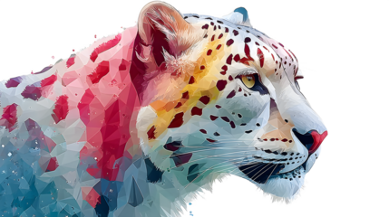 Striking profile portrait of a majestic snow leopard rendered in a vibrant low poly mosaic style featuring striking pink and blue color accents on a dark background