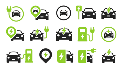 A collection of electric vehicle charging icons on a black background
