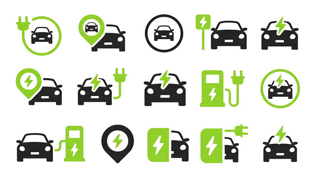 A collection of electric vehicle charging icons on a black background