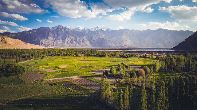 Landscape mountains view of Nubra valley from the Samstanling Monastery (Gompa) in Sumur village, northern of Leh, Ladakh, Jammu and Kashmir, India.