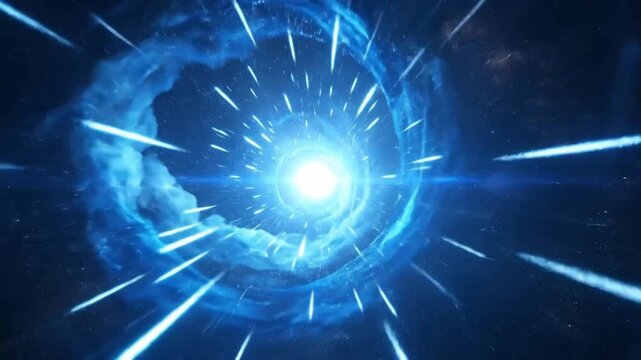 Abstract blue vortex tunnel with light streaks, creating a sense of speed and motion.