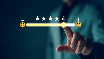 Customer rating concept with businessman touching five-star feedback bar, representing user experience, client satisfaction, online review, service evaluation, digital feedback, and performance